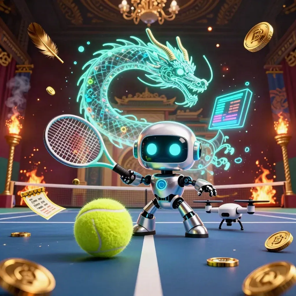 Robot mascot, holographic dragon and coin drone in an explosive tennis rally with casino sparks.
