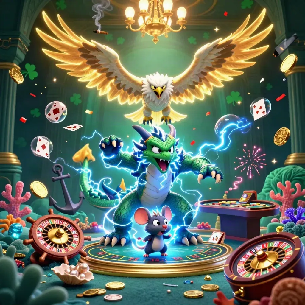 Thunder dragon, wind hawk and crackling mouse amid gold treasure, casino brass, and fireworks.