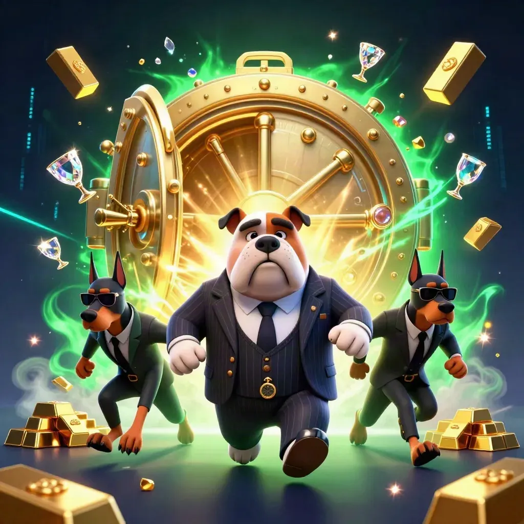 Bulldog mob boss and two Dobermans burst from a golden vault amid gems and neon energy.