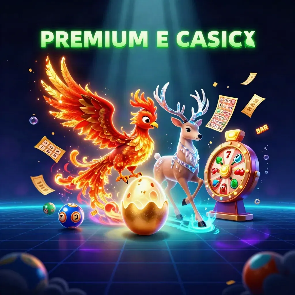Phoenix, hatching chick, and crystal stag amid bursting casino relics and neon effects.