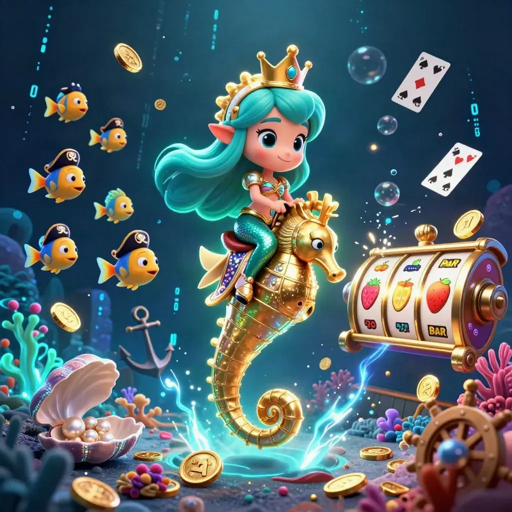 Mermaid princess on an armored seahorse amid coins, coral, cards, and neon slot symbols.