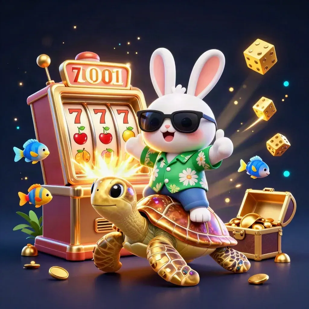Rabbit on a golden turtle amid slot machine bursts, gold, fish, and glowing casino effects.