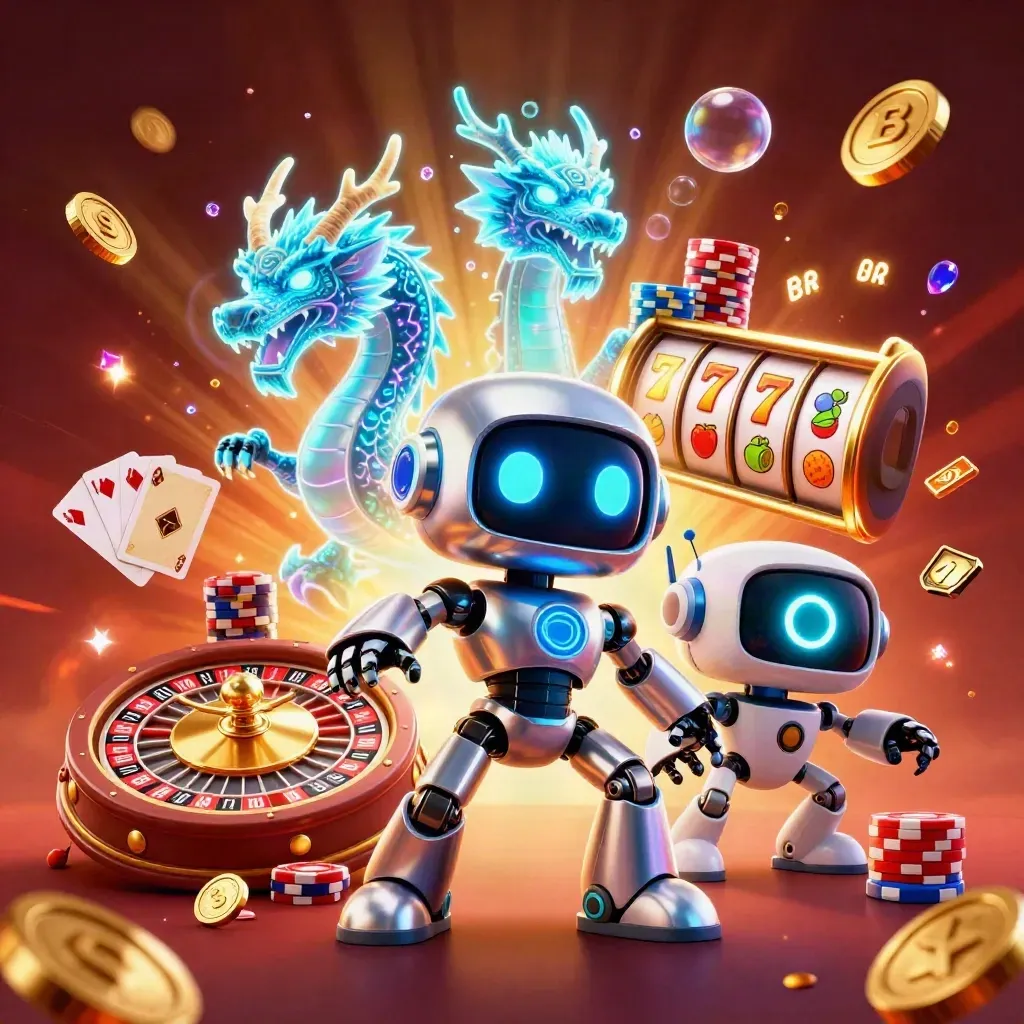 Chrome robot, holographic dragon and coin drone amid coins, chips, reels and glowing casino effects.