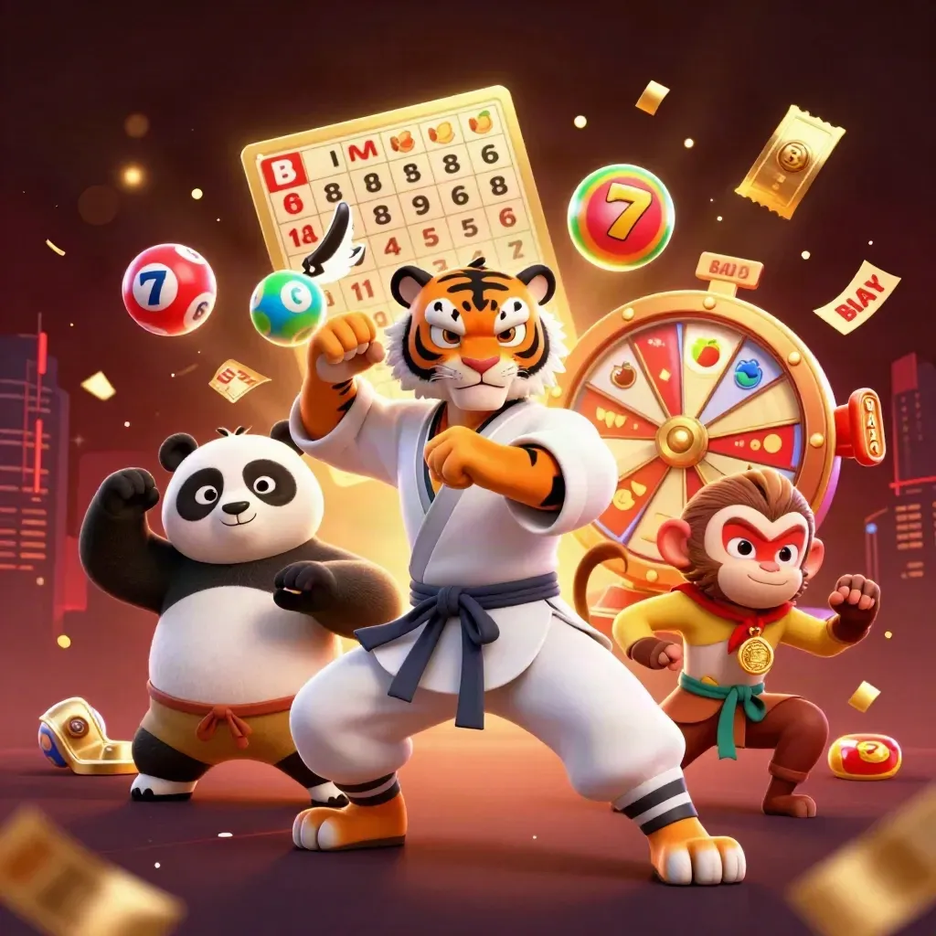 Tiger, panda, and monkey kung-fu heroes amid casino bursts, lights, and gold effects
